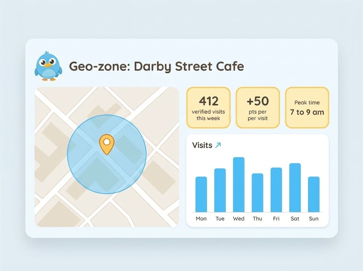 WEBBLE geo-zone preview showing verified visits to a partner cafe