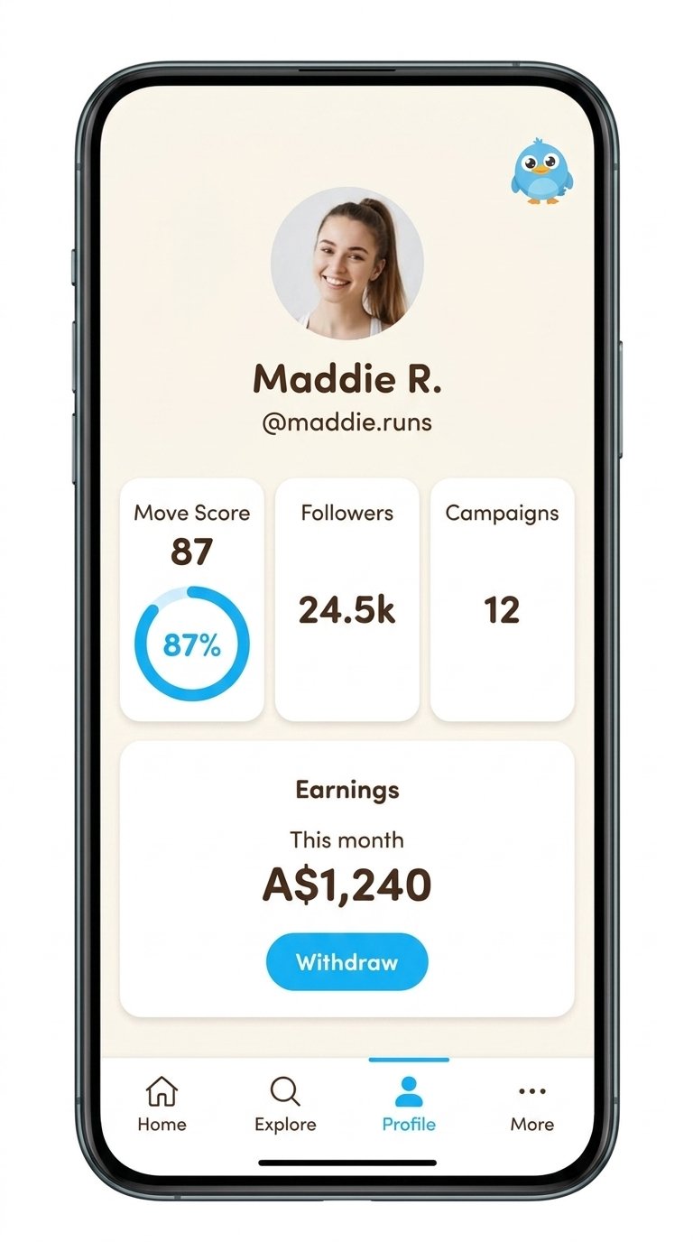 WEBBLE creator profile preview showing Move Score, followers and monthly earnings