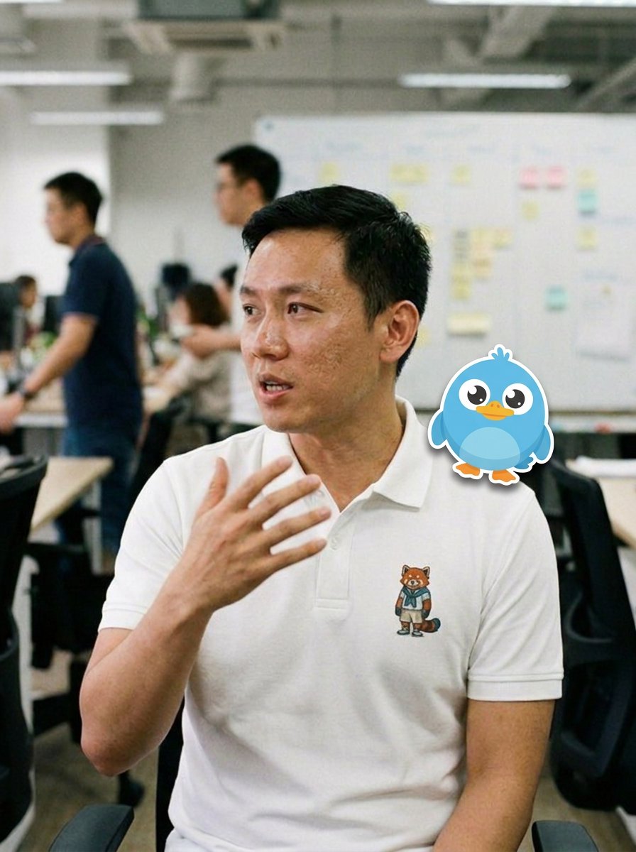 A businessman in a WEBBLE polo with the Webble mascot on his shoulder