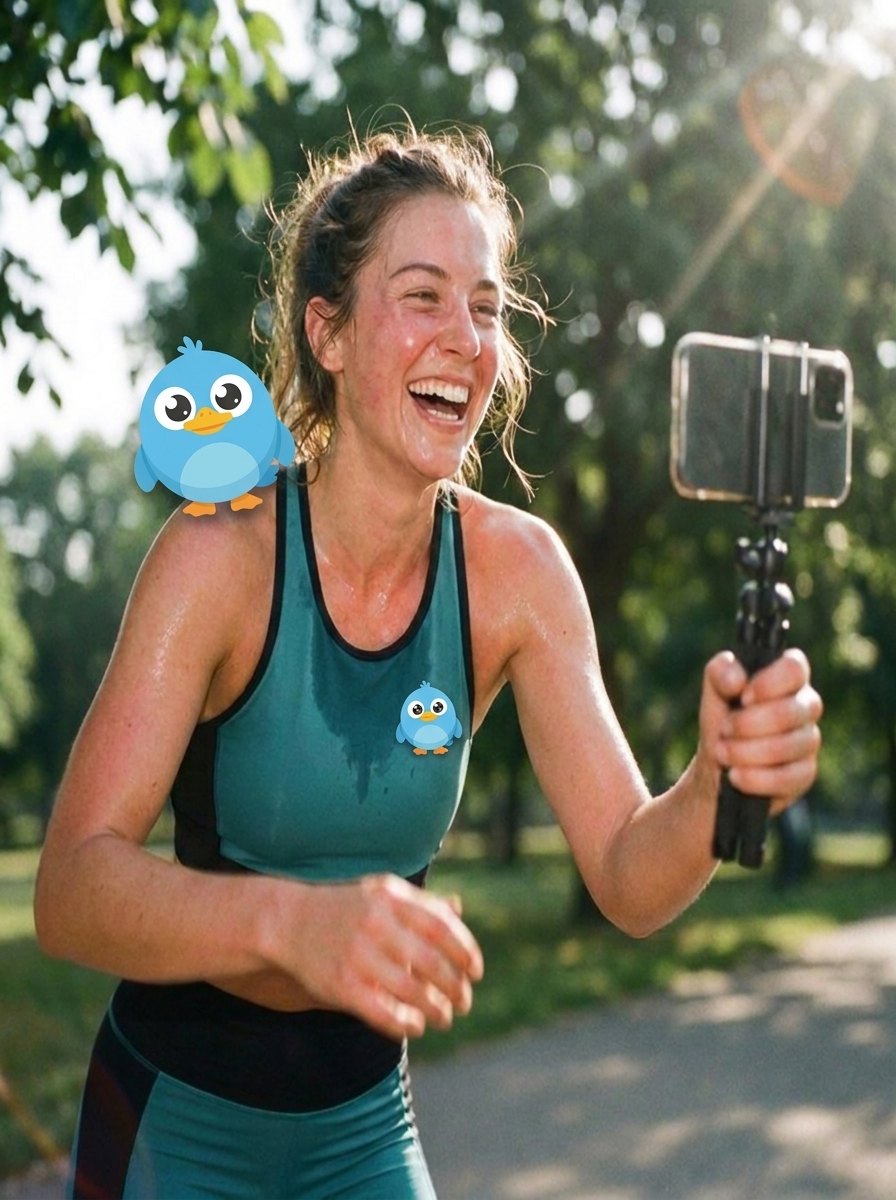 A creator filming content in WEBBLE activewear with the Webble mascot on her shoulder