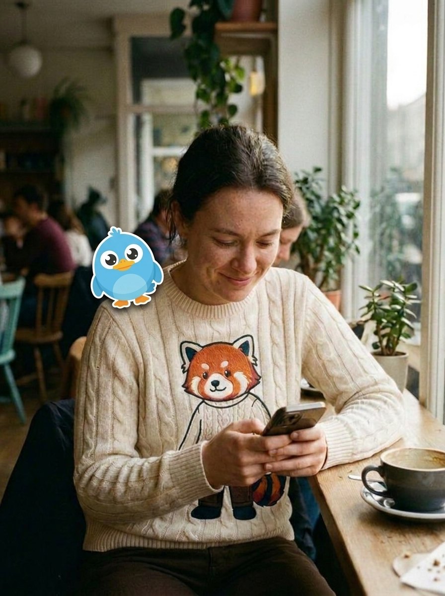 A person checking the WEBBLE app in a crewneck with the Webble mascot on her shoulder